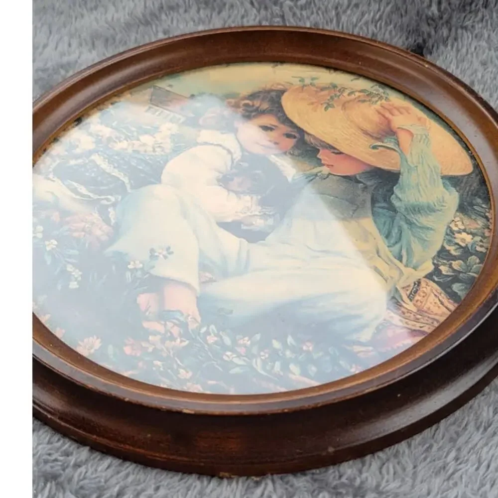 Vintage Round Framed Print Boy Girl Children Cottage Farm
